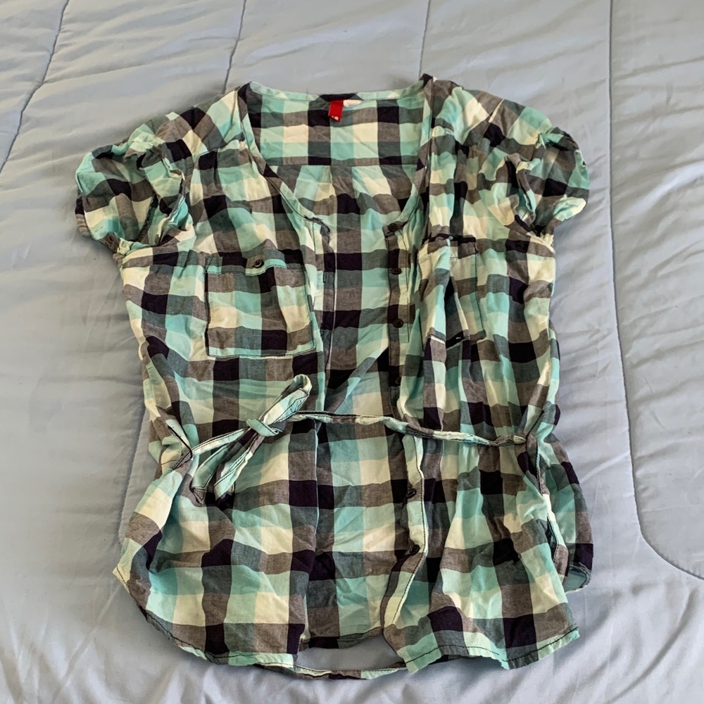 H&M Black and Blue Plaid Short Sleeve Top